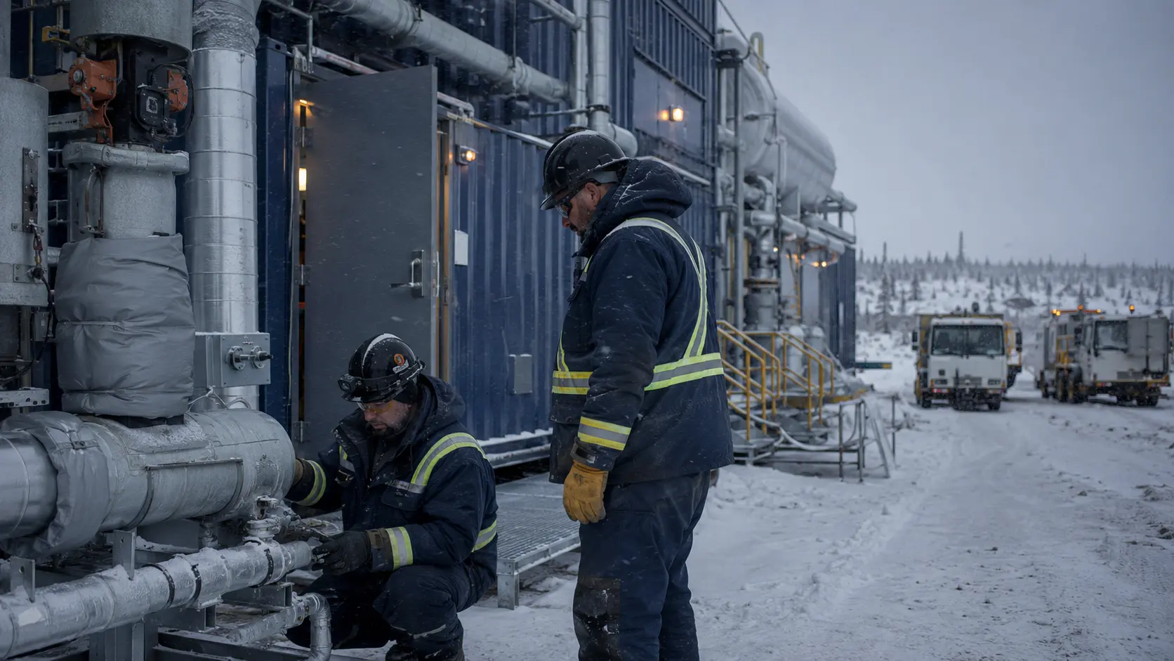 Mechanical tradespeople working on insulated piping at a remote Northern facility